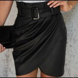 Venti6 High Waist Faux Leather Skirt with Twist Style  and Belt.